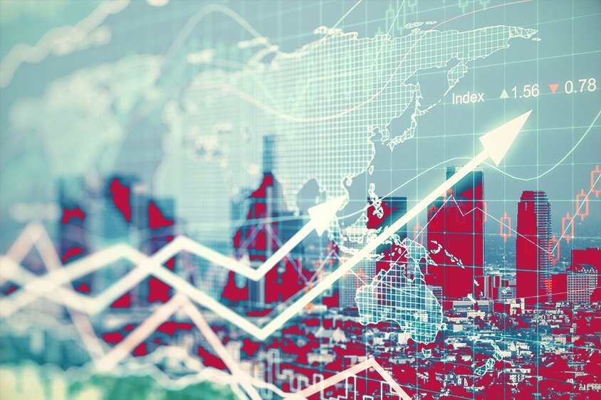 Illustration, Weltkarte mit abstrakten Börsenwerten in Pfeilform vor Skyline