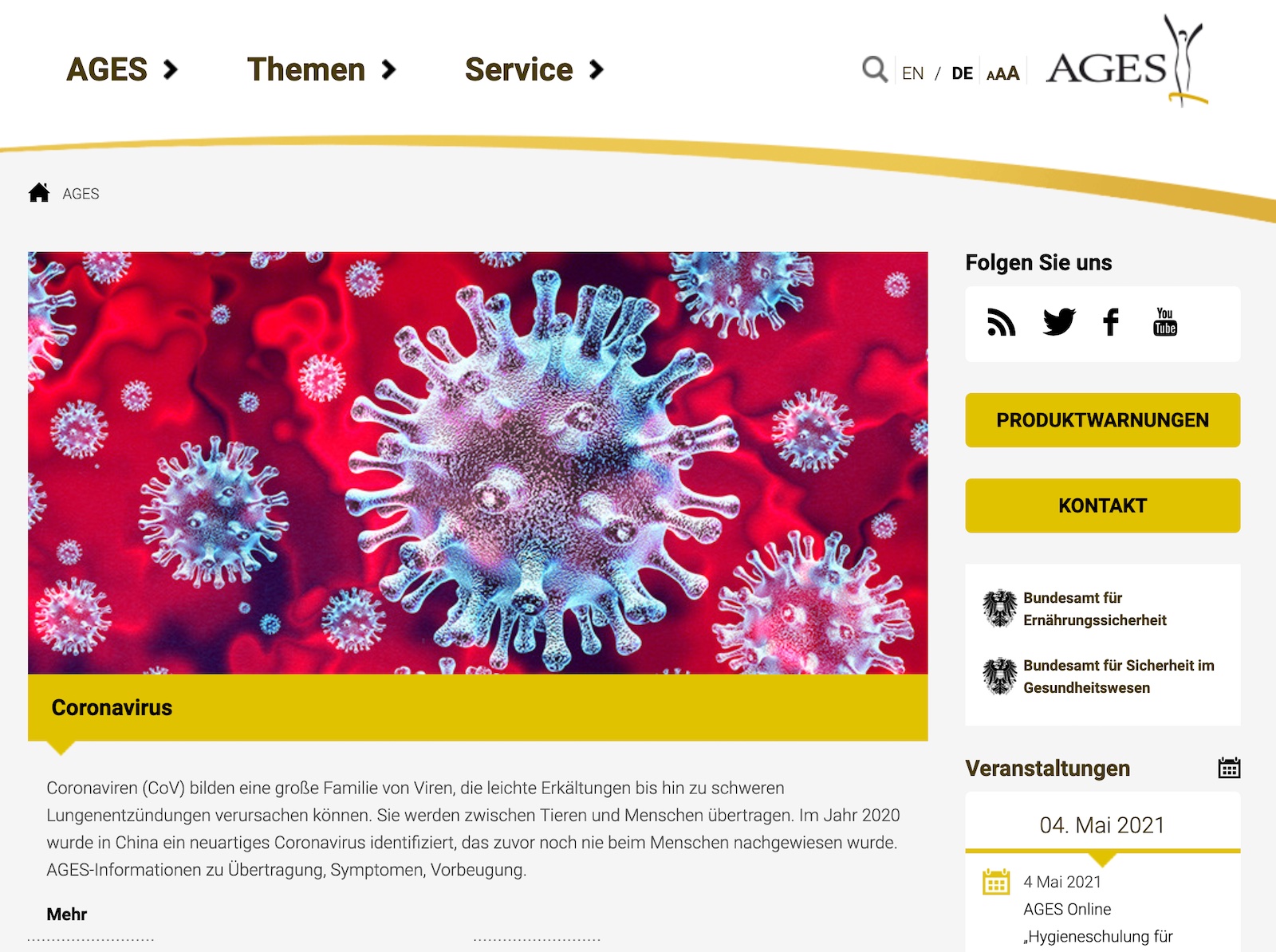 Screenshot von der Startseite der AGES - Österreichische Agentur für Ernährungssicherheit 