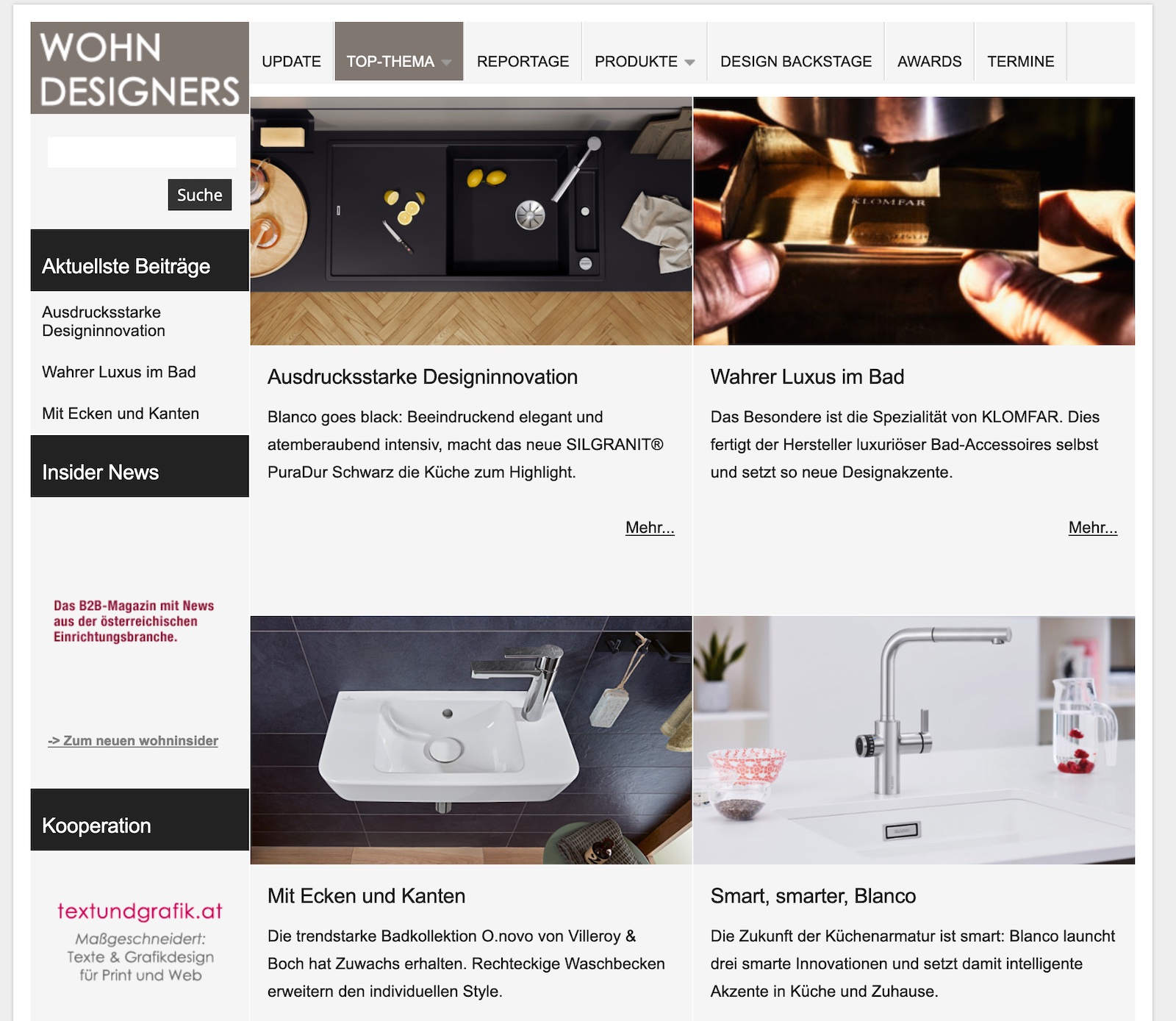 Screenshot der Website WohnDesigners – Wohninsider Medien GmbH 