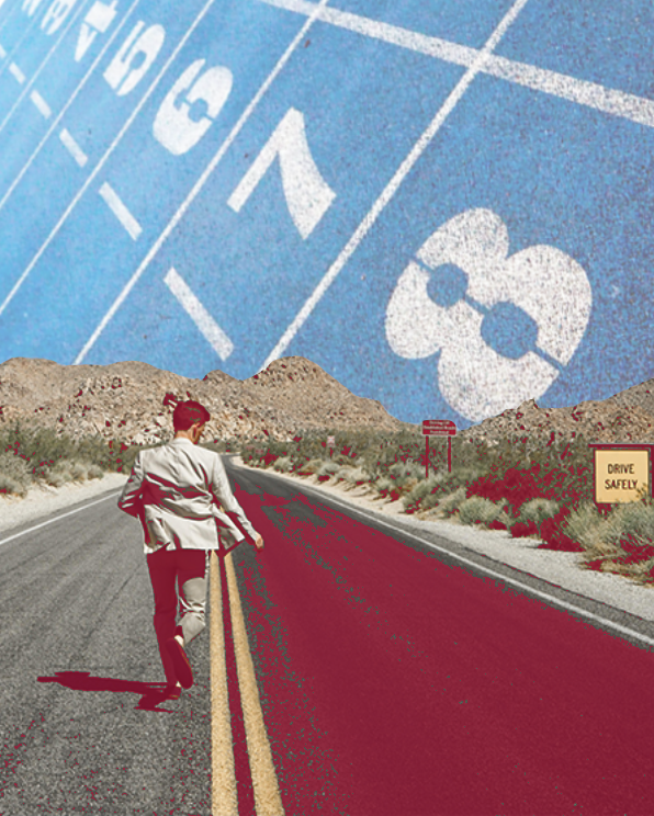 Mann läuft im Anzug in der Hitze auf Straße; der Himmel hat Nummerierung einer Laufbahn; Straße ist farblich verfälscht